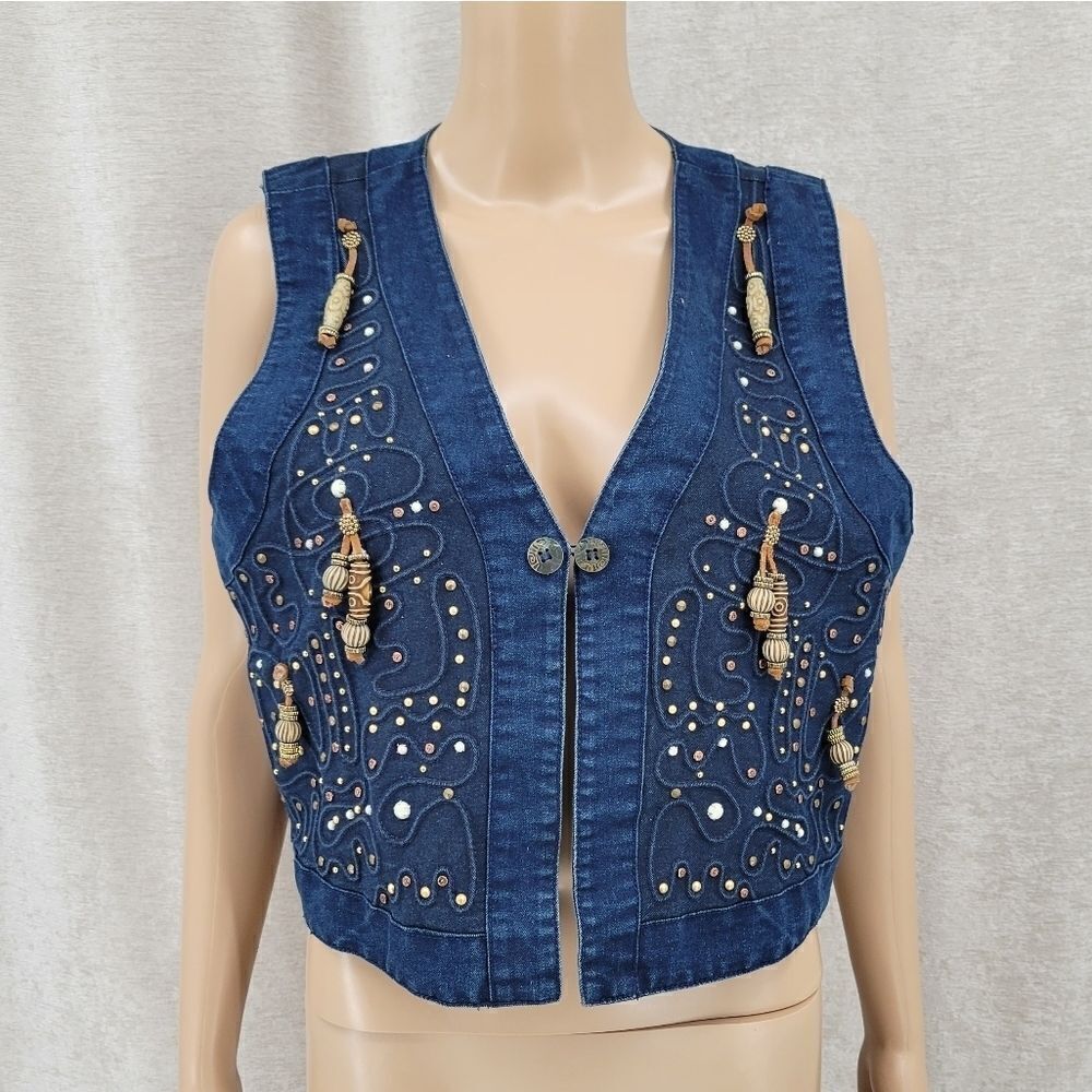 Monique Fashions Denim Jean Boho Vintage Studded Beaded Fringe Vest Western - Picture 5 of 10